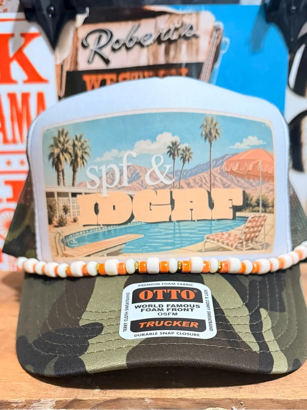 OTTO Camo Trucker Hat with Vintage Pool Graphic and Bead Trim